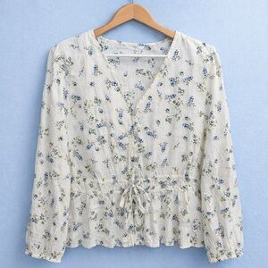 White Floral Drawstring Peplum Blouse with Blue and Green Accents
